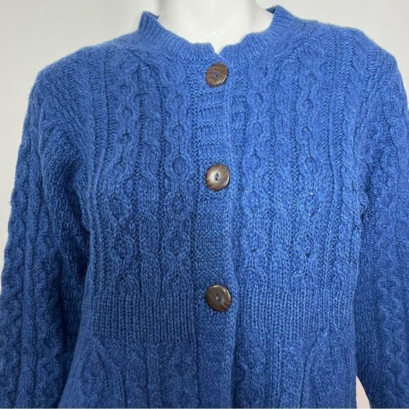 Carraigdonn Made in Ireland 100% Merino Wool‎ Royal Blue Cable Knit Cardigan - L - Picture 6 of 10